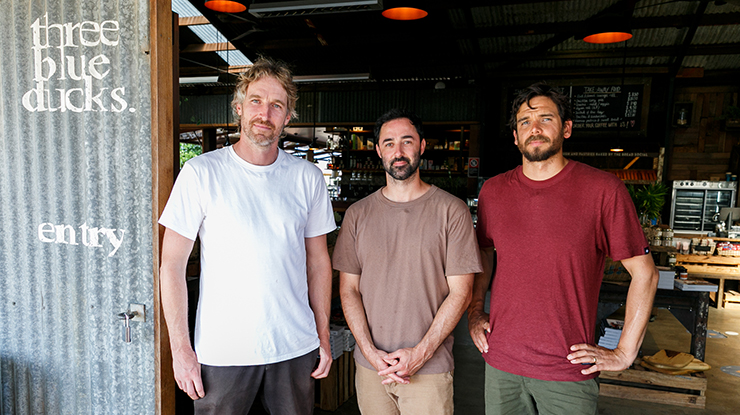 Three Blue Ducks' celebrity chefs, Darren Robertson, Andy Allen and Mark LaBrooy at their Byron Bay restaurant.