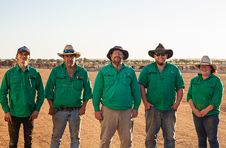 Angus Lawton, Rob Mott, Dale Ure, Reid Brennick, and Zoe Aitken, WestBeef Feedlot, Kalannie.