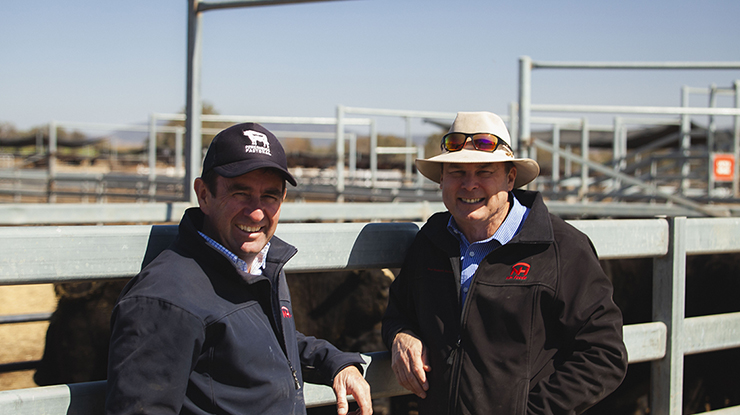 NH Foods Australia Group Livestock Manager, Stephen Moy and Whyalla Beef General Manager, Tony Fitzgerald, at Bective Station Feedlot.